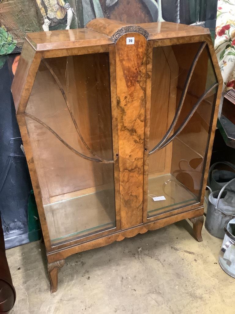 An Art Deco burr walnut display cabinet, width 90cm depth 36cm height 124cm